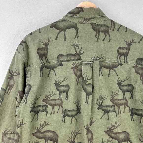 Woolrich Flannel Shirt Mens Large Green Elk AOP Long Sleeve Button Up Retro Work - Picture 6 of 10